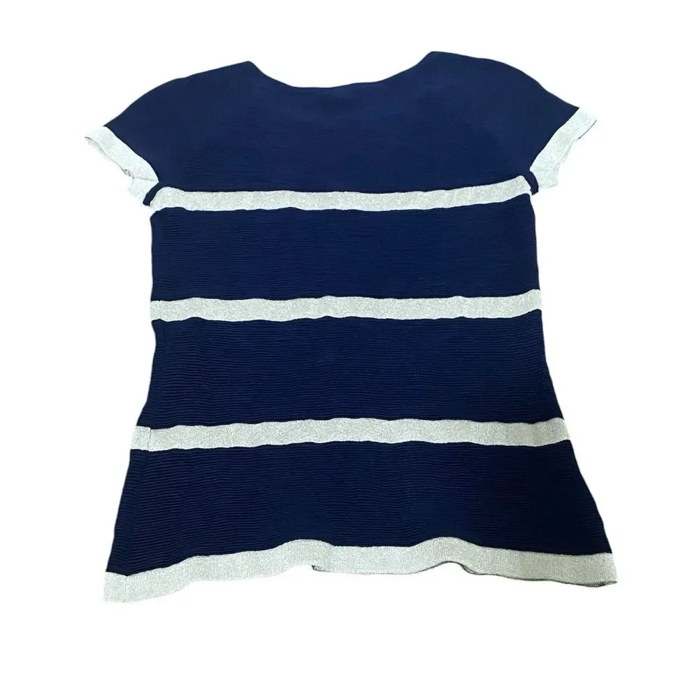 Escada Knit Sweater Womens Size‎ Medium Navy Stripe Short Sleeve Wool Silk
